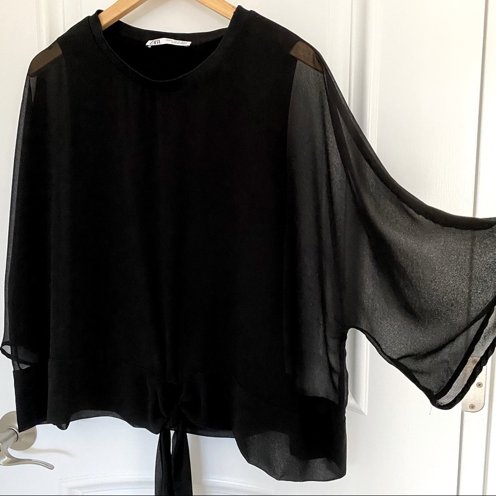 Zara Sheer Blouse with inside tank and front tie. Black. XS
